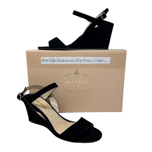 Calzature Donna Suede Wedge Sandal, Nero - Camoscio Luxury Designer By Prada  Size: 9 on Sale