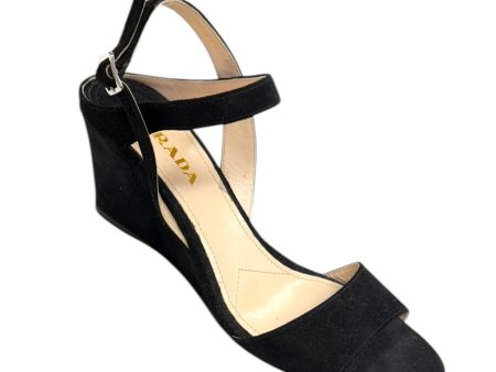 Calzature Donna Suede Wedge Sandal, Nero - Camoscio Luxury Designer By Prada  Size: 9 on Sale