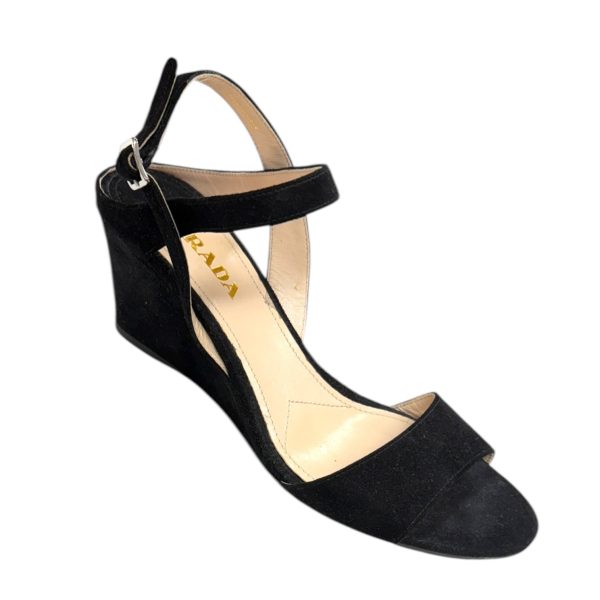 Calzature Donna Suede Wedge Sandal, Nero - Camoscio Luxury Designer By Prada  Size: 9 on Sale