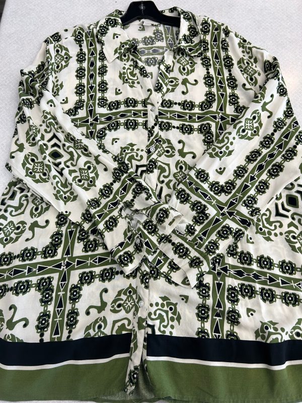 Blouse Long Sleeve By Cato In Green & White, Size: 3x Cheap