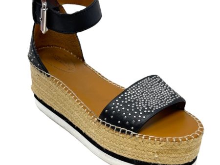 Glyn Studded Leather Flatform Espadrilles in Black Luxury Designer See By Chloe, Size 7 (37) Cheap